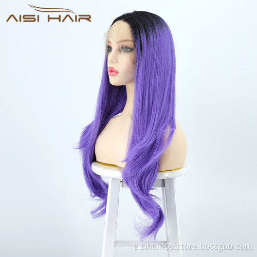 Aisi Hair New Design Party Body Wave Curly Long Wavy Ombre Purple Lace Frontal Synthetic Hair For Black Women Lace Front Wig